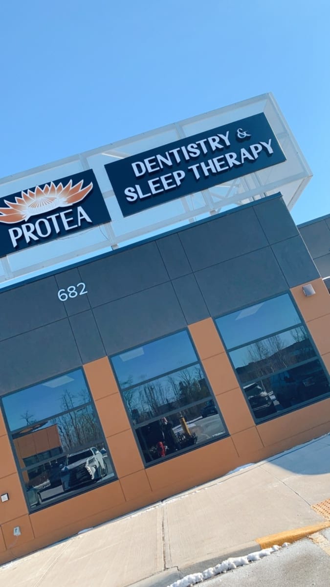 The Protea Dentistry and Sleep Therapy sign above the entrance at 682 Veteran's Drive